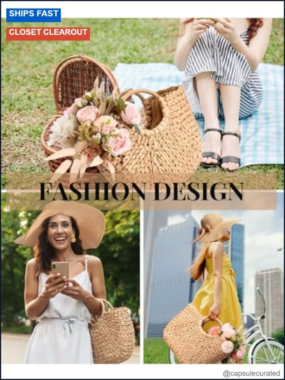 Straw Summer Accessory Set: Beach Bag, Floppy Hat, Rattan Earrings